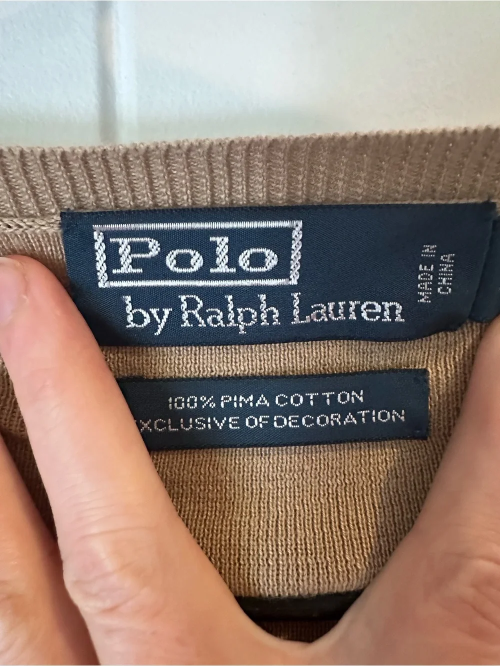 Polo by Ralph Lauren V-Neck Sweater in Tan with Navy Pony